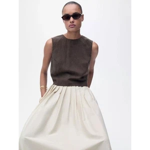 MANGO Brown Sleeveless Crop Top Button Back Blouse Minimalist Tank - Picture 1 of 6