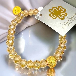 Bracciale Cristallo Elastico Perline Tono Citrino Oro Anni 90 Julie Spencer NOS VINTAGE - Foto 1 di 8