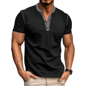Men's Casual Henley Shirts Classic Button Cotton Short Sleeve T-Shirt Summer ... - Picture 1 of 7