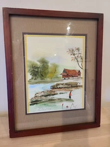 Vintage Volkskunst gerahmtes Aquarell signiert Gemälde Thialant 79, traditionell ländlich - Bild 1 von 4