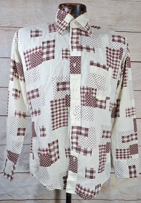 1960's 70's Vintage Disco Shirt Mens M Plaid Dot Abstract Geometric Hippy MCM - Image 1 of 4