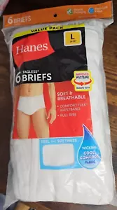 Mens Hanes BRIEFS Underwear LARGE White 100% COTTON Soft Tagless PACK OF 6 - Picture 1 of 4