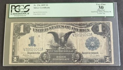 Nice 1899 $1 Black Eagle Silver Certificate PCGS VF30  Free US Shipping - Image 1 of 2