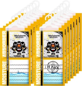 15 Pack Moisture Absorber & Max Odor Eliminator Hanging Bag, Charcoal Smell Damp - Picture 1 of 1