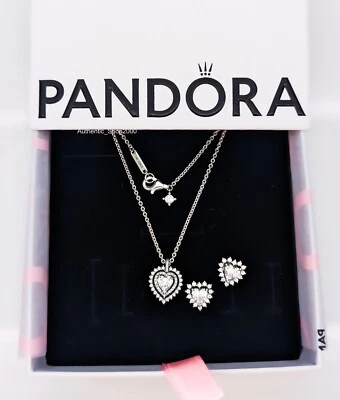 Nuevo 100% PANDORA 925 Brillante Doble Corazón Halo Collar Pendientes Set de Regalo Foto 1 de 2