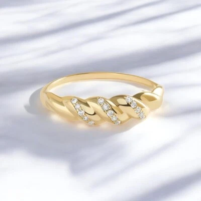 14k Solid Gold Diamond Croissant Ring, Twisted Diamond Ring, Twisted Rope Ring - Image 1 of 3