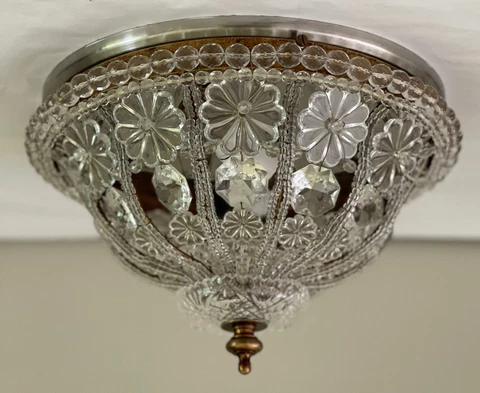 Vintage Crystal Flower Beaded Flush Mount Chandelier French Ceiling Light 11” Cover