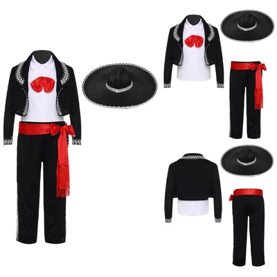 Kids Boys Mexican Traditional Mariachi Costume Jacket Top+Pants Big Hat Fancy - Image 1 of 3