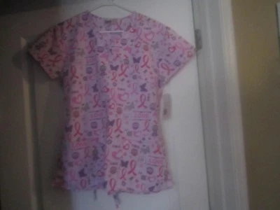 BREAST CANCER AWARENESS MEDICAL SCRUBS PINK RIBBON HEARTS LOVE, SIZE X SMALL - Image 1 of 4