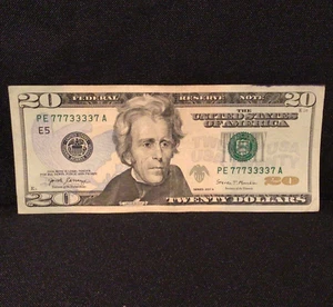 BINARY 4 of a kind x2 FANCY SERIAL NUMBER $20 DOLLAR BILL 77733337 (2017A) - Picture 1 of 6