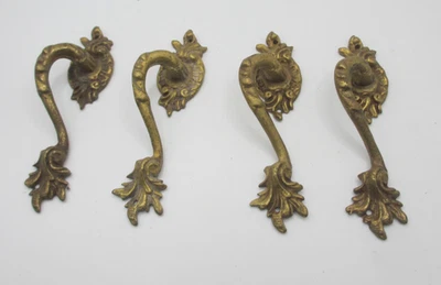 Vintage Brass Cupboard Pulls Handles Ormolu Gilt Rococo Old Antique x4 - 5"H - Image 1 of 4