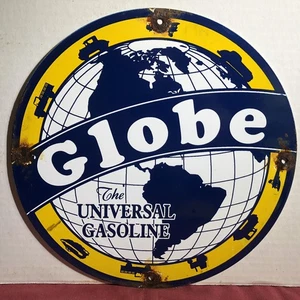 VINTAGE GLOBUS DER UNIVERSAL BENZIN PORZELLAN SCHILD METALL GAS ÖLPUMPE PLATTE - Bild 1 von 6