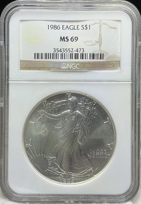 1986 American Silver Eagle NGC MS 69 - Brown Label 1oz .999 Silver - Image 1 of 2