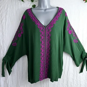 Monsoon Jade Boho Top With Cerise Floral Embroidery Size L Bust 50" - Picture 1 of 8