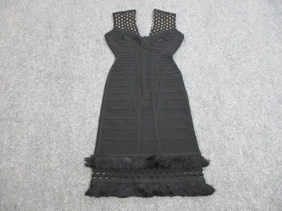 Herve Leger Dress Womens XXS Black Carrey Fringed Bandage Cocktail Mesh Trim - Image 1 of 4