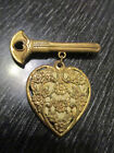 Vintage 1940s Punched Brass Gold Tone Filigree Flower Heart Key Love Brooch Pin