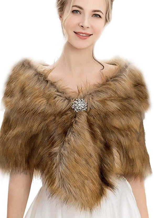 Aukmla Women's Brown Faux Fur Shawl Bridal Wedding Fur Wraps and Shawls... - Image 1 of 2