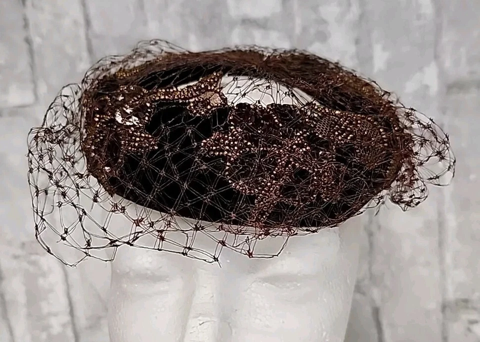 Vintage Titches Brown Lace Gold Beaded Flower Church Hat Womens 6 1/2" - Image 1 of 4