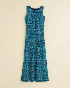 Aqua Girl's Tribal Print Navy & Green Sleeveless Maxi Dress, Size Medium - Picture 1 of 1