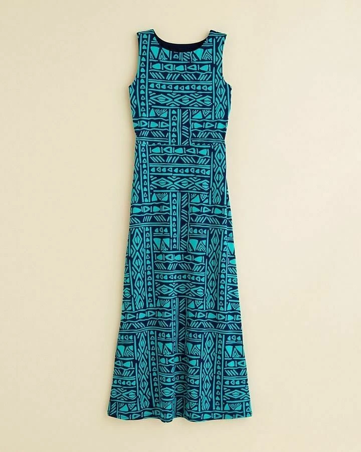 Maxi Vestido Aqua Niñas Estampado Tribal Azul Marino y Verde Sin Mangas Talla Mediana Foto 1 de 1