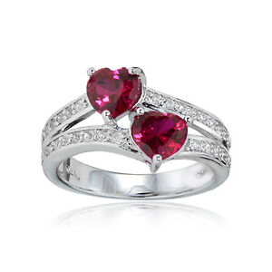 Sterling Silver Created Ruby and White Topaz Double Heart Friendship Ring