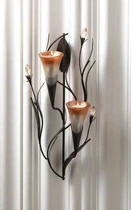 Iron Glass Dawn Lilies Candle Wall Sconce Indoor Outdoor Decor - Picture 1 of 3