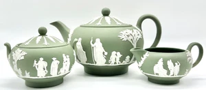 SUPERB 1955 WEDGWOOD CELADON GREEN JASPER WARE TEA SERVICE, TEAPOT, CREAM, SUGAR - Picture 1 of 24