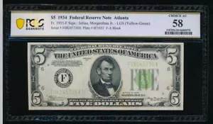 AC 1934 $5 Atlanta FRN PCGS 58 LGS Light Green Seal Fr 1955-F - Picture 1 of 2