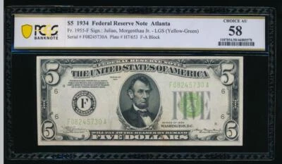 AC 1934 $5 Atlanta FRN PCGS 58 LGS Light Green Seal Fr 1955-F - Image 1 of 2