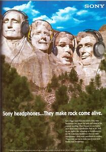 1996 Sony Headphones Mount Rushmore Satire Earphones Vintage Print Ad 1990s