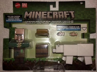 Minecraft Figure 2-Pack: FISHERMAN AND POLAR BEAR (w/ Barrel & Fish) New 2024 - Image 1 of 4