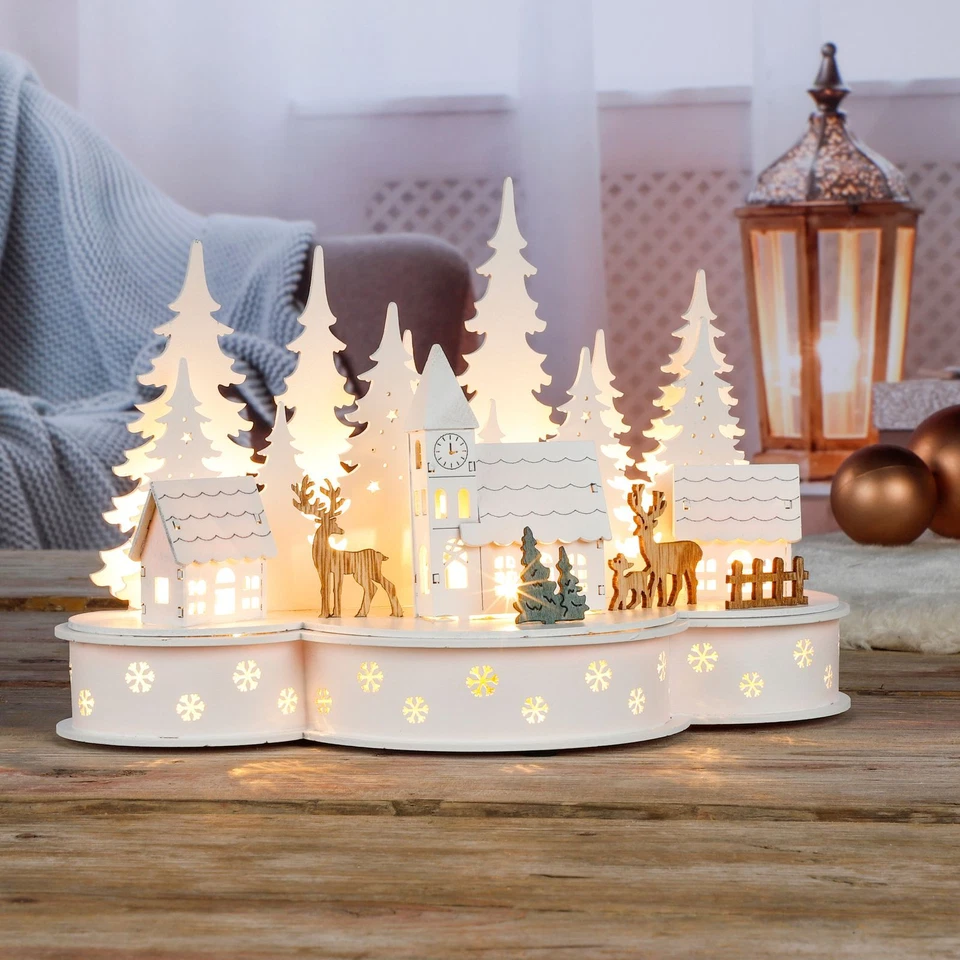 Beleuchtete LED Weihnachtsstadt mit Rentieren Winterdorf Weihnachtsdeko aus Holz - Bild 1 von 1