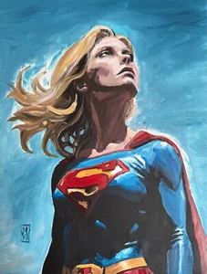 Original Impasto Supergirl Portrait Comic Acrylic Painting Wall Art Canvas 18" - Picture 1 of 2