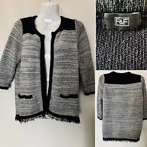 Cotton Blend Boucle White Black Sz 8-10 Open Spring Jacket Cardigan Pockets VGC - Picture 1 of 9