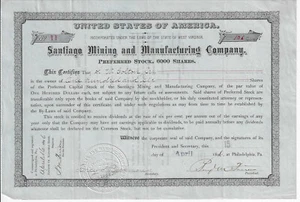 1896 CHILE Santiago Mining & Maunuacturing Company Stock Certificate #11 - Picture 1 of 2