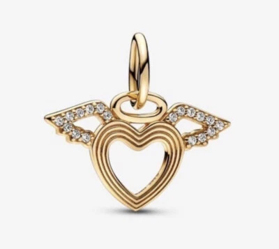 PANDORA Authentic 14K Solid Gold Heart & Angel Wings CZ Charm 752362C01 New - Image 1 of 4