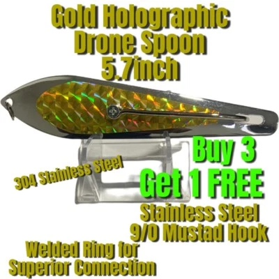 Gold Holographic Drone Trolling Spoon 14.5cm 5.7 Inches With Mustad Hook - Image 1 of 4