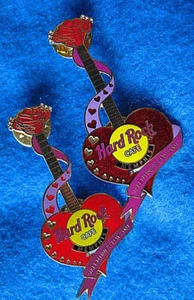 MEMPHIS PROTOTYPE + RETAIL VALENTINES HEART GUITAR 01 Hard Rock Cafe 2 PINS SET - Picture 1 of 1