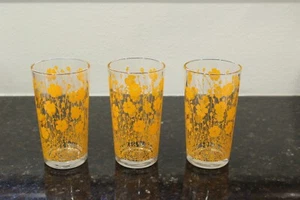 Vintage Mid Century Modern Juice Glass Tumblers Lot of 3 Orange Wildflower - Picture 1 of 7