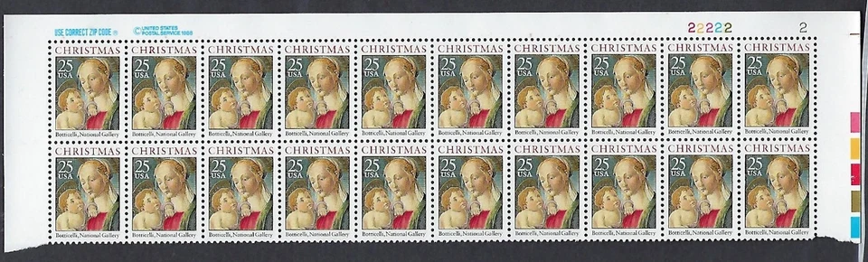 2399 MNH Plate Block of 20, 25 Cent stamps, Botticelli Madonna & Child - Image 1 of 1