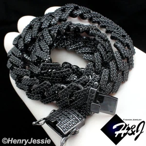 18"MEN 14K BLACK GOLD PLATED ICY BLACK CZ 14MM MIAMI CUBAN CURB NECKLACE*BBN6 - Picture 1 of 5