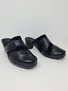 Clarks Bendables Womens 8.5 Black Leather Heels Clogs Cushion Comfort Shoes - Picture 1 of 12