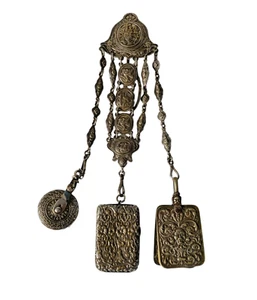Antica catena vittoriana in filigrana 3 Chatelaine con attacchi 1880 circa - Foto 1 di 10