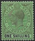 Gibraltar:1924:KGV:1/-,Black/Green on Emerald Back,(Wmk Mult Crown CA).Mint.