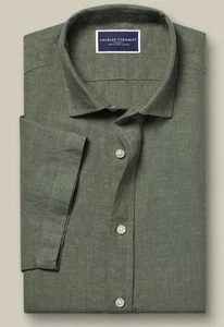 Camisa Charles Tyrwhitt Hombres Verde Oliva Calce Ajustado Lino Puro Talla SS PEQUEÑA Nueva - Imagen 1 de 7