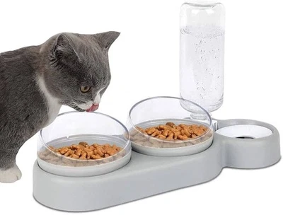 3 in 1 Katze Futternapf 15 ° Kippbare Fressnapf Katzen Napfset mit Wasserflasche - Bild 1 von 4