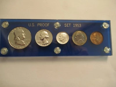 Juego de prueba de plata 1953 de la Casa de la Moneda de Estados Unidos, 5 monedas, soporte de acrílico, centavo está tonificado Foto 1 de 4