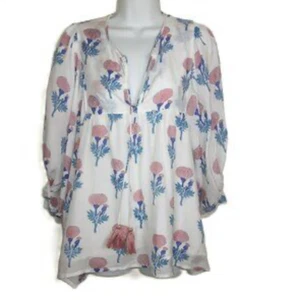 J Marie Puff Sleeve Babydoll Top Womens XSmall Floral Embroidered Deep V Neck - Picture 1 of 12