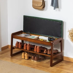 Solid Wood Shoe Bench, 2-Tier Entryway Bench with Cushion and Flip-Open Stora... - Picture 1 of 7
