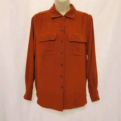 VTG Lauren Ralph Lauren Wmn's Burnt Orange Silk Woven Button Up Blouse Size 8 - Image 1 of 4